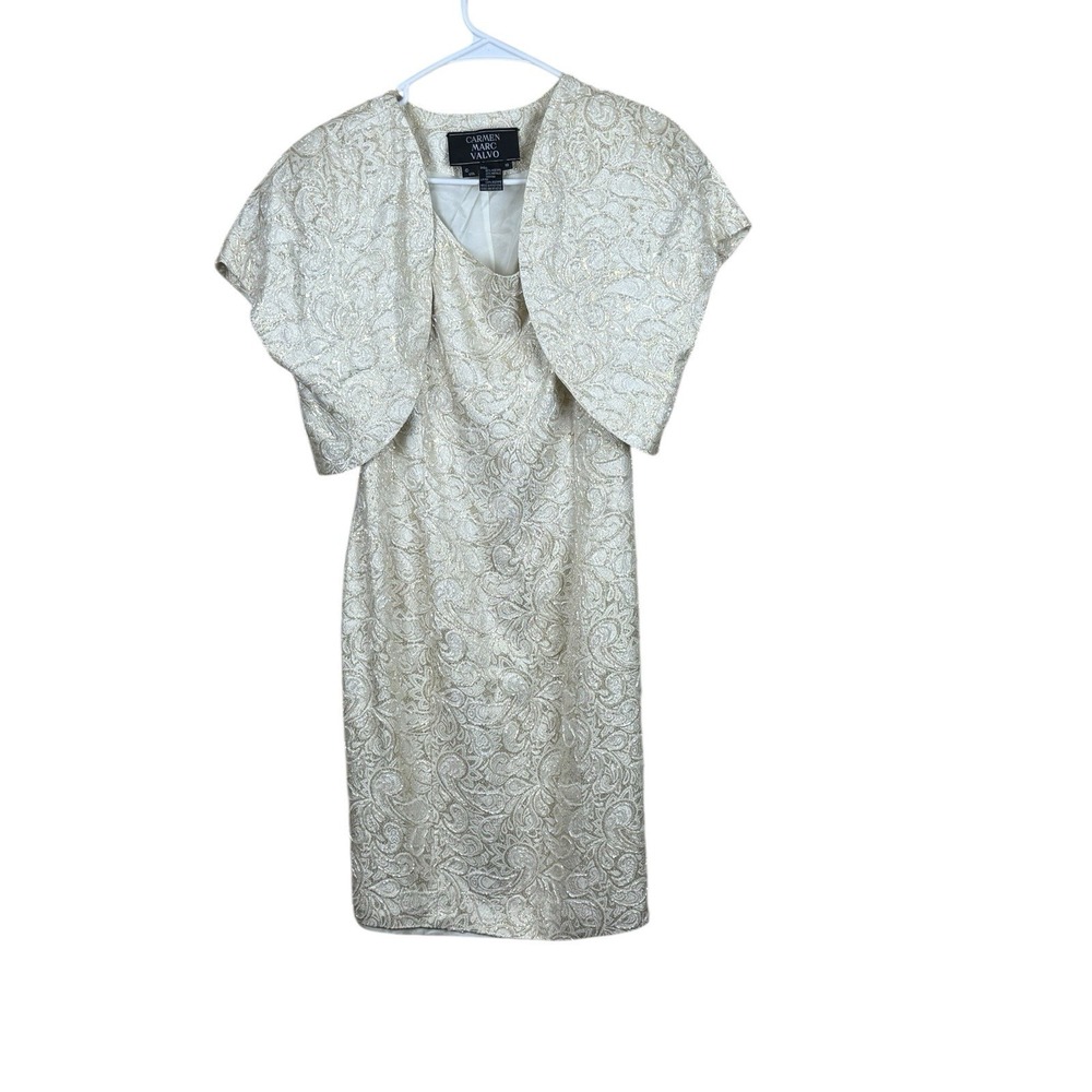 Carmen Marc Valvo Ivory Cocktail Dress Floral Embellish Beaded Bolero Vest Sz 10